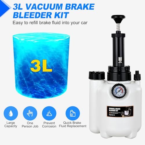 GOOACC Brake Bleeder Kit 3L Manual Brake Bleeder Vacuum Pump Brake Clutch Pressure Bleeder Flush Kit with 3L Fluid Extractor 1L Refilling Bottle E20 Master Cylinder Adapter Brake System Bleeding Tool - size: 3L Manual