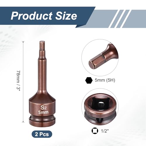 HARFINGTON 2pcs Impact Hex Bit Socket 1/2" Drive 5H (5mm) Hex Bits 3" Length S2 Steel Metric Impact Wrench Socket Adapter Tool for Automotive Repair Industrial Construction and Home DIY - size: H5 x 1/2" x 3"
