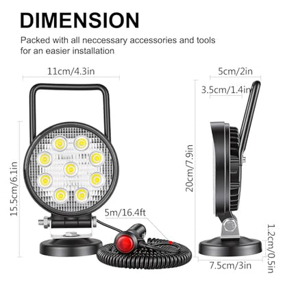 Magnetic Led Work Light 12V, SKYWORLD 1PCS 4 Inch 27W Round Flood Off Road Driving Fog Lamp, Portable Magnetic Base Holder for Car SUV Trailer Tractor Truck Engineering Maintenance Garage Camping - size: 4 Inch 27W Flood