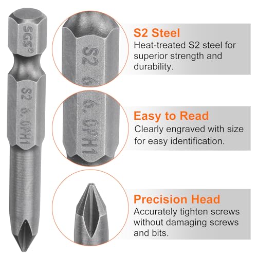 HARFINGTON 5pcs #1 Phillips Screwdriver Bit PH1 1/4" Hex Shank 2" (50mm) Long Magnetic S2 Steel Industrial Grade Screw Driver Bit Cross Head Electric Drill Bits 0.236" (6mm) Rod - size: PH1 x 50mm x 6mm
