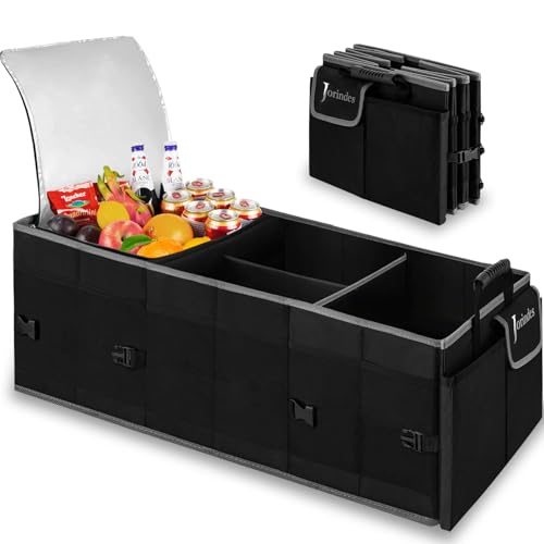 Trunk Organizer With Built-In Insulated Leak Proof Cooler Bag,Collapsible Cargo Organizer For Suv With Non Slip Bottom Strips,3 Large Compartments Foldable Waterproof Portable Car Storage Box - color: Black with Cooler Bag