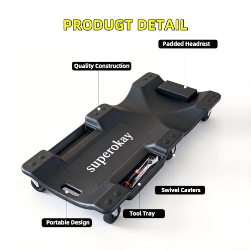 superokay Low Profile Mechanic Creeper, 40-Inch Rolling Car Creeper with Padded Headrest, 350 lbs Capacity Shop Creeper, 6 Swivel Casters & Dual Tool Trays, Heavy Duty Garage Creeper for Auto Repair