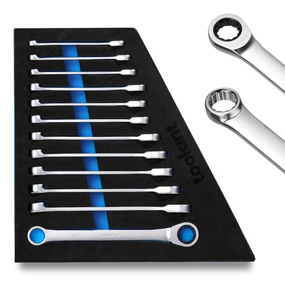 toolant 12pcs Ratcheting Wrench Set, Offset Head Double Box-End Ratcheting Wrench Set, 8-19mm Metric Set, 90-Tooth and 4° Swing, with Storage Tray - size: 12pcs 8-19mm