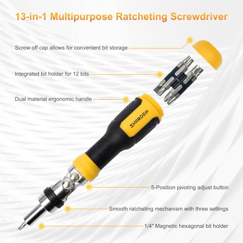 SHARDEN Ratcheting Multi Bit Screwdriver - 13-in-1 Tool Set, Flat Head/Square/Torx/Hex/Phillips, 180 Degree Pivoting Adjustable Angle Magnetic Screwdriver - color: Yellow