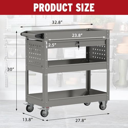 3 Tier Rolling Cart, Heavy Duty Utility Industrial Service Carts on Wheels, Metal Tool Cart with Locked Drawers, Ideal for Garage, Warehouse and Repair Shop (Grey) - color: Gray