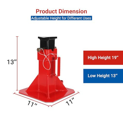 Heavy Duty Pin Type Professional Car Jack Stand with Lock, Automotive Jack Stands for Supporting Trucks Trailers Car, Adjustable Height 13"-19", 22 Ton (44,000 Lb) Capacity, Red, 1 Pair