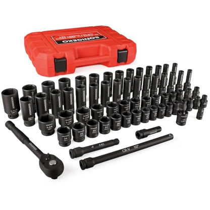 66-Pieces 1/2" Drive Impact Socket Set 5/16"-1-1/4",8-24mm | 6-Point Deep & Standard, CR-V Steel, Metric & SAE from , Includes Ratchet Handle & Extension Bar