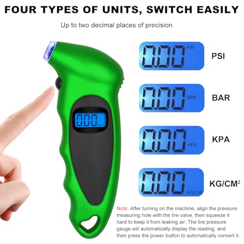 KVAEY Digital Tire Pressure Gauge, 150 PSI 4 Settings Accurate Tire Gauge with Non-Slip Grip, Backlight LCD Tire Pressure Gauge Reader Checker Tool for Car Truck Bicycle Motorcycle (Green) - color: Green