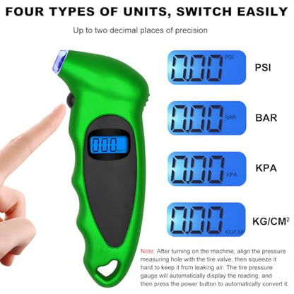 KVAEY Digital Tire Pressure Gauge, 150 PSI 4 Settings Accurate Tire Gauge with Non-Slip Grip, Backlight LCD Tire Pressure Gauge Reader Checker Tool for Car Truck Bicycle Motorcycle (Green) - color: Green