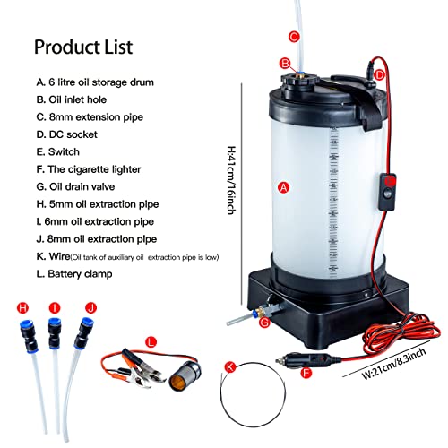 Oil Pump with Oil Change Hose, Oil Change Tool, Oil Pump, for Vacuum Suction of Oil, Stable and Not Deformed, Suitable for Cars, SUVs, Trucks, Yachts (Electric powered-6L)
