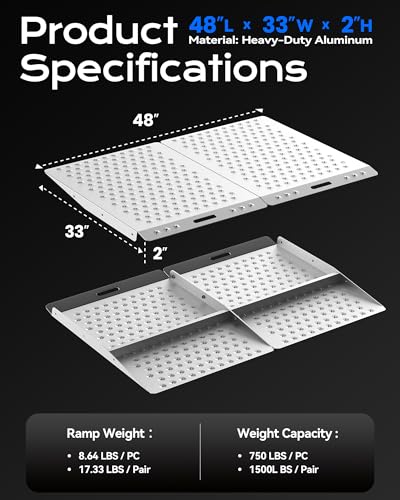 33'' L × 48'' W Shed Ramps for Lawn Mower, 1500lbs Heavy Duty Aluminum Threshold Ramp for Riding Lawn Mower, ATVs & Tractor, Non-Slip Entrance Transition Ramp for Sheds, Barns, Garages