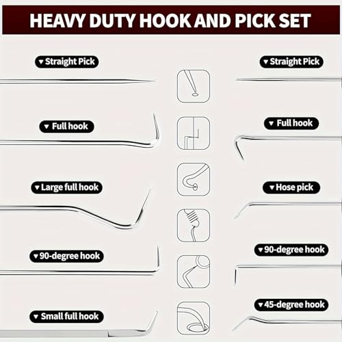 10PCS Hook and Pick Set, Alloy Steel Seal Removal Tools with Case | Automotive garages workshops, O-ring gasket extraction, long reach hooks, compact storage case