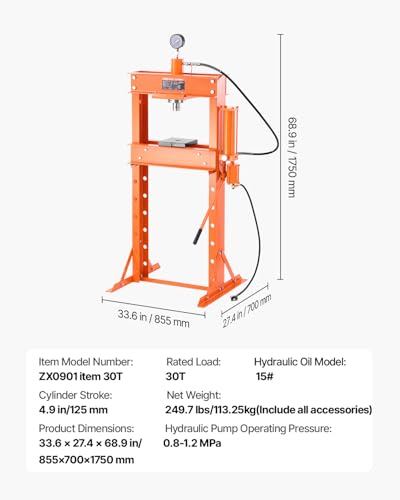 VEVOR Hydraulic Shop Press, 30 T H-Frame Pneumatic Shop Press with Press Plate & Triangular Support, Stable Garage Floor Adjustable Hydraulic Press with Relief Valve, Fit for Bending & Straightening - size: 30T