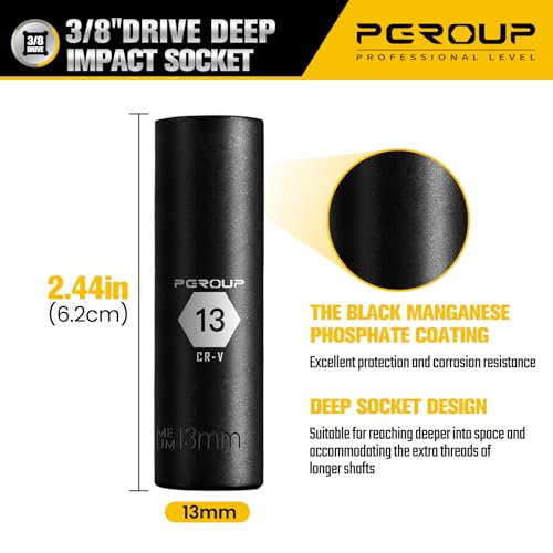 3/8” Drive Deep Impact Socket, Metric(13mm socket), 6-Point, Cr-V Steel With Black Manganese Phosphate Coating - size: 13 mm