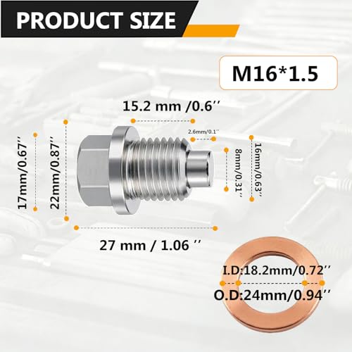 M16x1.5 Magnetic Stainless Steel Oil Drain Plug Kit Fits Cars Motorcycles | CHENACC 1PCS Oil Pan Drain Nut Bolt with 5 PCS Copper Gasket, Compatible with Most Boats Cars and Motorcycles - size: M16*1.5