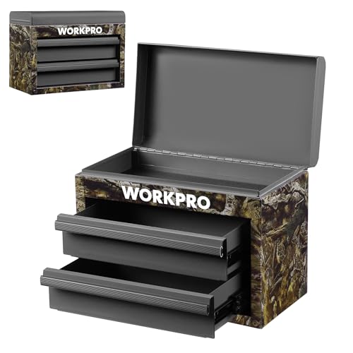 WORKPRO Metal Mini Tool Box, Top Tool Chest containing Two Drawers with Ball Bearing Slides, PVC Drawer Liners and PP Feet Pads, Durable Cold Rolled Steel Small Toolbox for Multi-Purpose Storage - color: Green Camo