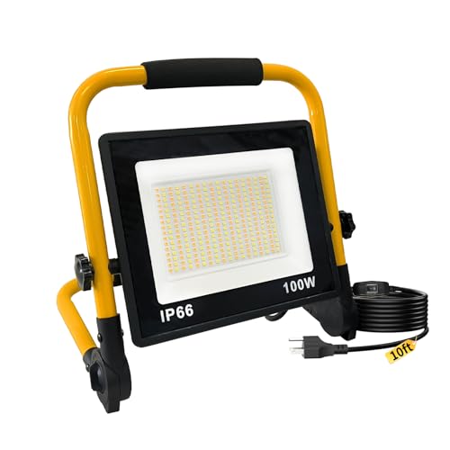 10000LM LED Work Light,100W Outdoor Flood Light,3000K-6500K Dimmable with 10ft Cord & Switch, er IP66 Waterproof Portable Working Lighting ,for Outdoor Indoor Job Site Workshop Garage Construction - color: 1 Pack