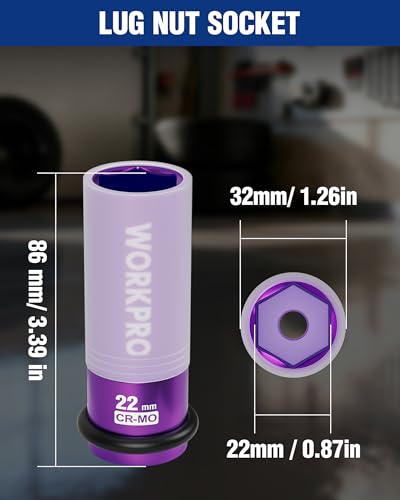 WORKPRO 1/2" Drive Lug Nut Impact Duty Socket, 22mm Deep Thin Wall Socket, Made of Premium Cr-Mo Steel, Non-Marring Lug Nut Wheel Sockets for Car - size: 1/2" DR x 22mm
