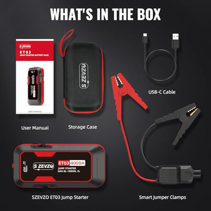 S ZEVZO ET03 4000A Car Jump Starter Jump Starter Battery Pack for Up to 8.0L Gas and 7.0L Diesel Engines, 74Wh Portable 12V Jump Box with USB Ports, LCD Display, Storage Case, and LED Light