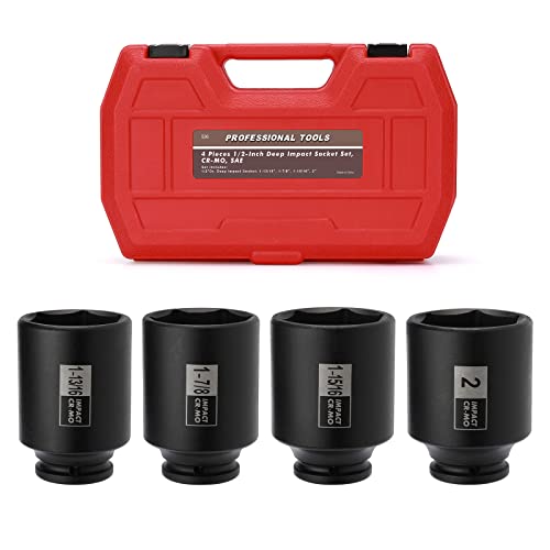Mayouko 4PCS 1/2" Drive Spindle Axle Nut Impact Socket Set, 1-13/16, 1-7/8, 1-15/16, 2 Inch, CR-MO, Deep, 6 Point - size: 4PCS:1-13/16" - 2"(Deep)