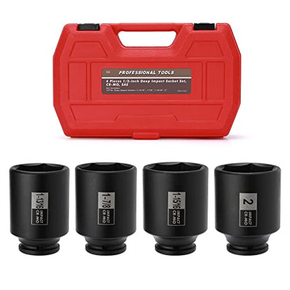 Mayouko 4PCS 1/2" Drive Spindle Axle Nut Impact Socket Set, 1-13/16, 1-7/8, 1-15/16, 2 Inch, CR-MO, Deep, 6 Point - size: 4PCS:1-13/16" - 2"(Deep)