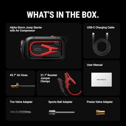 HULKMAN Alpha Storm, 2500A 4-in-1 Smart Jump Starter with Air Compressor,12V Jump Box for Car Battery Portable (9.0L Gas/6.5L Diesel),120PSI Tire Inflator, IPS Display, for Pickup Trucks,SUVs & RVs