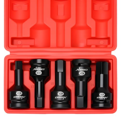 DISEN 3/4 Inch Drive Impact Hex Driver Set, 5-Piece, Metric, 14mm, 17mm, 19mm, 22mm, 24mm, CR-MO Steel, Professional Mechanic Repair 3/4” Hex Socket Set - style: 3/4“ 5PCS