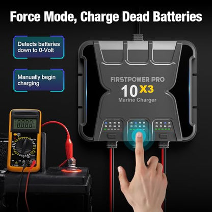 Upgraded 3 Bank Marine Battery Charger 10X3, 30A (10A/Bank) - 12V Waterproof Onboard Battery Charger, Battery Maintainer & Desulfator for SLA/AGM, Lithium (LiFePO4), Calcium & Deep-Cycle Battery - size: 3 Bank(30A)
