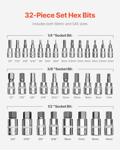 VEVOR Hex Bit Socket Set, 32-Piece, S2 Alloy Steel and Cr-V Steel, Standard SAE and Metric, 1/4 in, 3/8 in, and 1/2 in Drives, with Enhanced Storage Case, Allen Socket Set for Mechanics, Auto Repair - style: 32 PCS Hex
