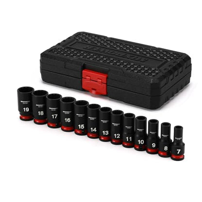 MIXPOWER 13 Pieces 3/8'' Drive Semi-Deep Impact Socket Set,12 Point,Metric,7-19mm,CR-MO,Axle Nut Impact Grade Socket for Easy Removal - size: 7-19mm