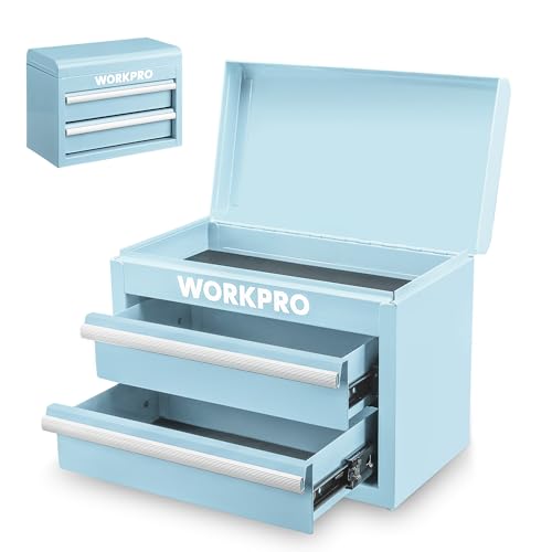 WORKPRO Metal Mini Tool Box, Top Tool Chest containing Two Drawers with Ball Bearing Slides, PVC Drawer Liners and PP Feet Pads, Durable Cold Rolled Steel Small Toolbox for Multi-Purpose Storage - color: Macaron Blue