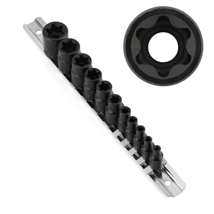 CASOMAN 11PCS Female Torx Socket Set, E Torx & Star Socket Set with Rail, E4 - E20 Torque Sockets - size: 11PCS
