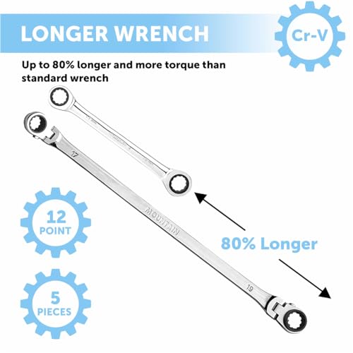 MOUNTAIN RM6, 5 Piece Metric Double Box Universal Spline Reversible Ratcheting Wrench Set, Extra Long Chrome Vanadium Steel, 90 Tooth, 4 Degree Swing Arc, Flexible Design for Hard to Reach Fasteners - size: 8mm-18mm