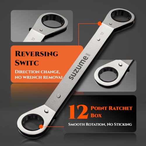 SUZUME 5-Piece Double Reversible Offset Ratcheting Wrench Set Metric (6-21mm) Offset 25° Double Box Wrench for Automotive Repair Industrial Machinery Maintenance DIY with Rolling Pouch - size: Metric