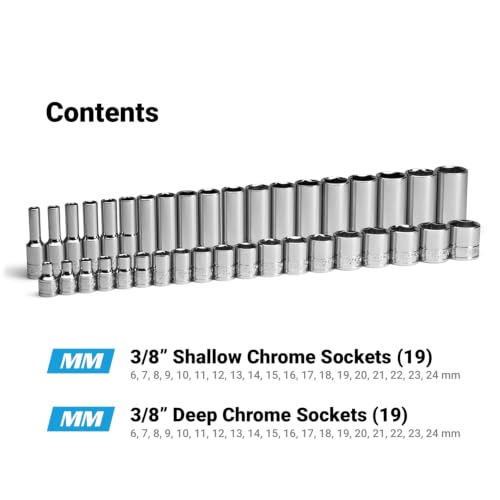 Capri Tools 3/8 in. Drive Shallow and Deep Chrome Sockets Set, 6-Point, 6 to 24 mm, 38-Piece - size: Shallow & Deep Set / 6-24 mm