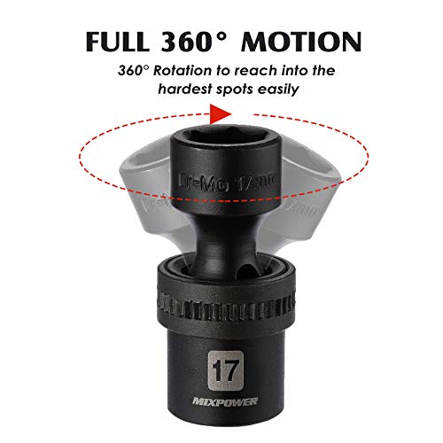 MIXPOWER 15-piece 1/2" Drive Shallow Universal Impact Socket Set, 6 Points, Metric, 10-24mm, Swivel Socket with Flexible Wobble, CR-MO, Heavy Duty Storage Case… B08JTJVV8M - size: 15 Pcs Metric 1/2'' Dr. (Shallow)