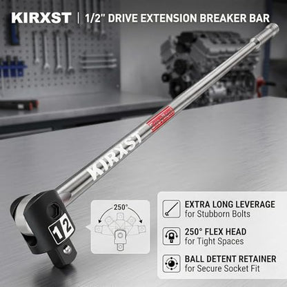17.5-Inch 1/2” Drive Breaker Bar, Heavy Duty Extension Breaker Bar, 250° Rotatable Head, Premium Chromium Molybdenum Steel, Mechanical Work, Automobile and Motorcycle Maintenance and Repair - size: 1/2" 17.5 in