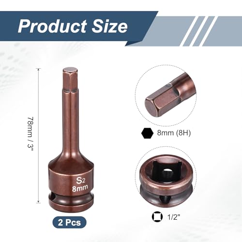 HARFINGTON 2pcs Impact Hex Bit Socket 1/2" Drive 8H (8mm) Hex Bits 3" Length S2 Steel Metric Impact Wrench Socket Adapter Tool for Automotive Repair Industrial Construction and Home DIY - size: H8 x 1/2" x 3"