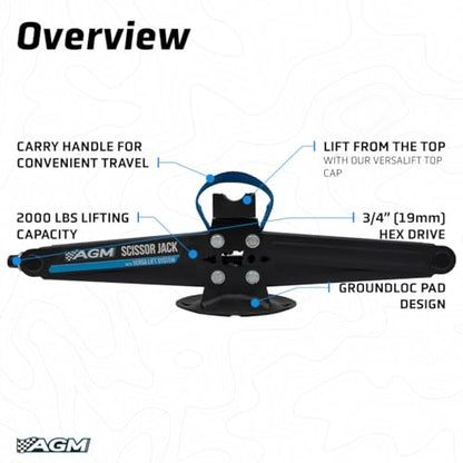 AGM Scissor Jack – 2,000 lb Impact-Rated Lift for UTVs, SUVs & Cars | Scissor jack, 2,000 lb capacity, VersaLift head, drill adapter, speed wrench included