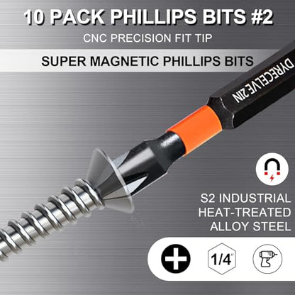10-Pack Phillips Bits #2 Impact, 4-Inch Long Magnetic Phillips Head Drill & Screwdriver Bits, PH2 Premium S2 Steel 1/4" Hex Shank for Impact Drivers, Professional & DIY Use - color: 4'' Ph2 10-pcs