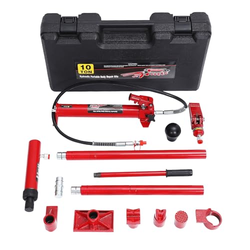 Porta Power Kit, 10 Ton, Portable Hydraulic Jack with 4.6 ft Extended Oil Hose, Long Handle Design, Auto Body Frame Repair Kit with Portable Storage Case for Car Repair, Truck, Farm - color: Red, size: 10 Ton