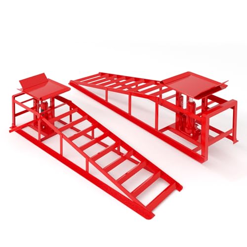2 PCS Hydraulic Car Ramp, 11065LBS 5T Heavy Duty Car Ramps with Hydraulic Jack, Steel Car Ramps for Oil Changes High Lift 9"-14.3" for Home Garage, Vehicle Truck Repair, Red - color: Red, size: 45"L x 12.6"W x 14.3"H