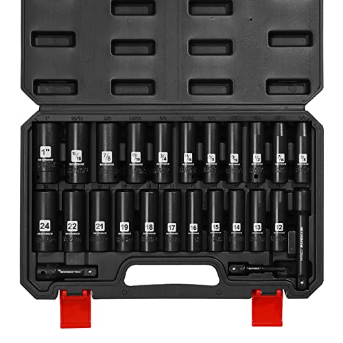 MIXPOWER 25 Pieces 1/2-Inch Drive Deep Impact Socket Set, CR-V, Metric/SAE, Includes 12mm to 24mm, 3/8-Inch to 1-Inch, 3", 5" Extension bars, 1/2"-1/4" Adapter - size: 25 PCS(10MM-24MM,3/8"-1")