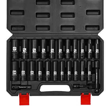 MIXPOWER 25 Pieces 1/2-Inch Drive Deep Impact Socket Set, CR-V, Metric/SAE, Includes 12mm to 24mm, 3/8-Inch to 1-Inch, 3", 5" Extension bars, 1/2"-1/4" Adapter - size: 25 PCS(10MM-24MM,3/8"-1")
