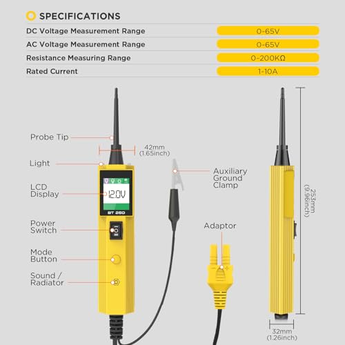 BT260 Automotive Circuit Tester Power Probe Kit, 6V 12V 24V Electrical System Diagnostic Tool with Multimeter, TFT Color Display, Smart Overload Protection, 20ft Cable for Vehicle Truck Boat