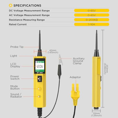 BT260 Automotive Circuit Tester Power Probe Kit, 6V 12V 24V Electrical System Diagnostic Tool with Multimeter, TFT Color Display, Smart Overload Protection, 20ft Cable for Vehicle Truck Boat