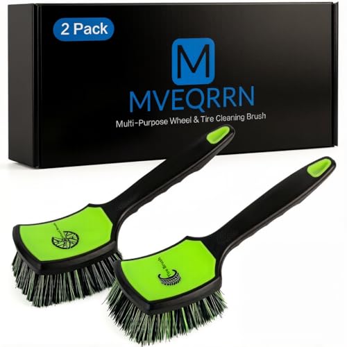 MVEQRRN 2-Pack Car Wheel & Tire Detailing Brush Set, Soft & Stiff Bristles (Green) | Rubber handle, Wheel Cleaner Brush, deep clean rims, wheel brushes for cleaning wheels, for fenders, carpets, car wash kit - color: black green