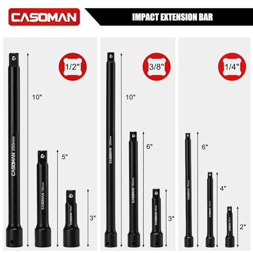 CASOMAN 153-Piece 1/4" & 3/8" & 1/2" Drive Master Impact Socket Set with Case, Professional Standard and Deep Socket Tool Set, 6 Point, SAE and Metric Sizes - size: 1/4" & 3/8" & 1/2" Drive