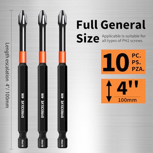 10-Pack Phillips Bits #2 Impact, 4-Inch Long Magnetic Phillips Head Drill & Screwdriver Bits, PH2 Premium S2 Steel 1/4" Hex Shank for Impact Drivers, Professional & DIY Use - color: 4'' Ph2 10-pcs