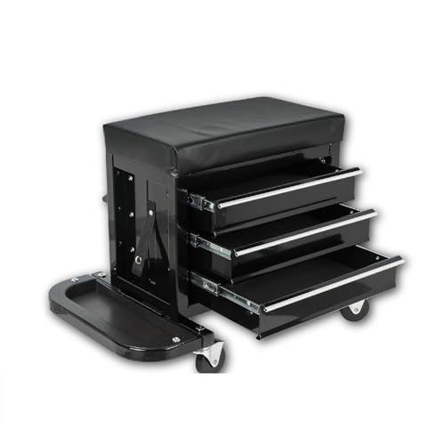 3-Drawer Tool Chest Rolling Mechanic Seat with 2 Foldable Side Trays & Swivel Casters – 350lbs Heavy-Duty Mobile Work Stool, Storage Organizer for Garage, Auto Repair, and Car Mechanics (Black)